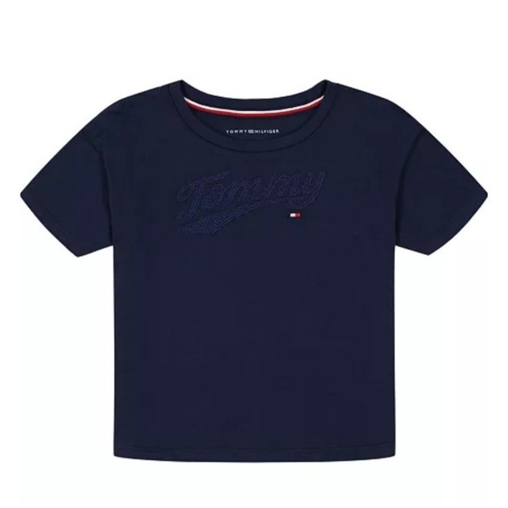 Tommy Hilfiger Navy Shirt Kids Size 12-14 Large Logo Short Sleeve
